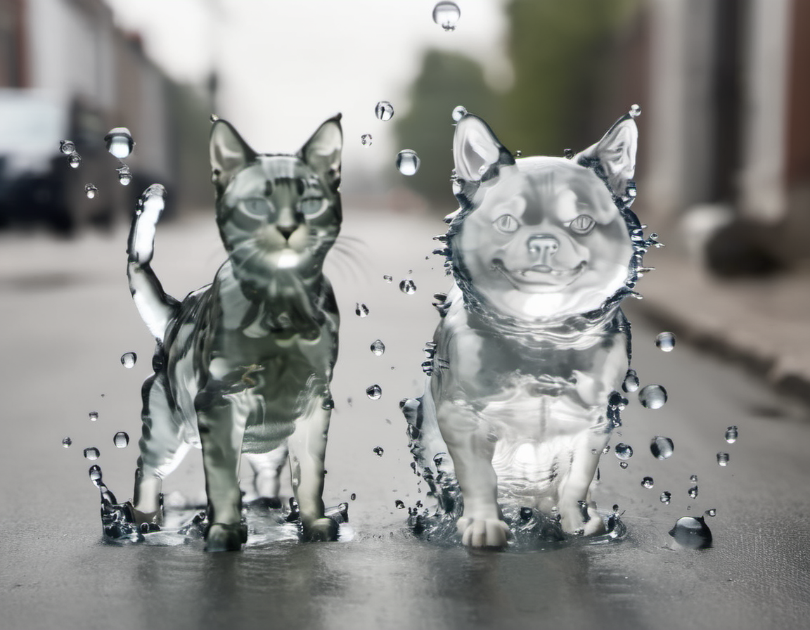 00102-_lora_Aether_Aqua_v1_SDXL_LoRA_0.9_ a photo of a cat and a dog made of transparent water, playing on a street, water drops.png